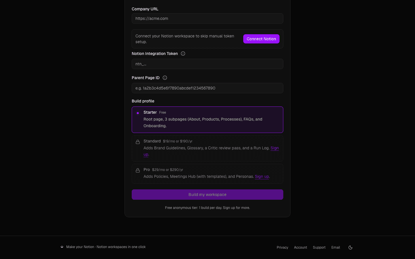 MakeYourNotion — workspace generation flow